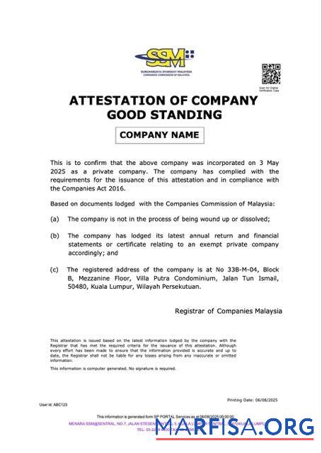 Realistic Malaysia attestation of company good standing Word and PDF template